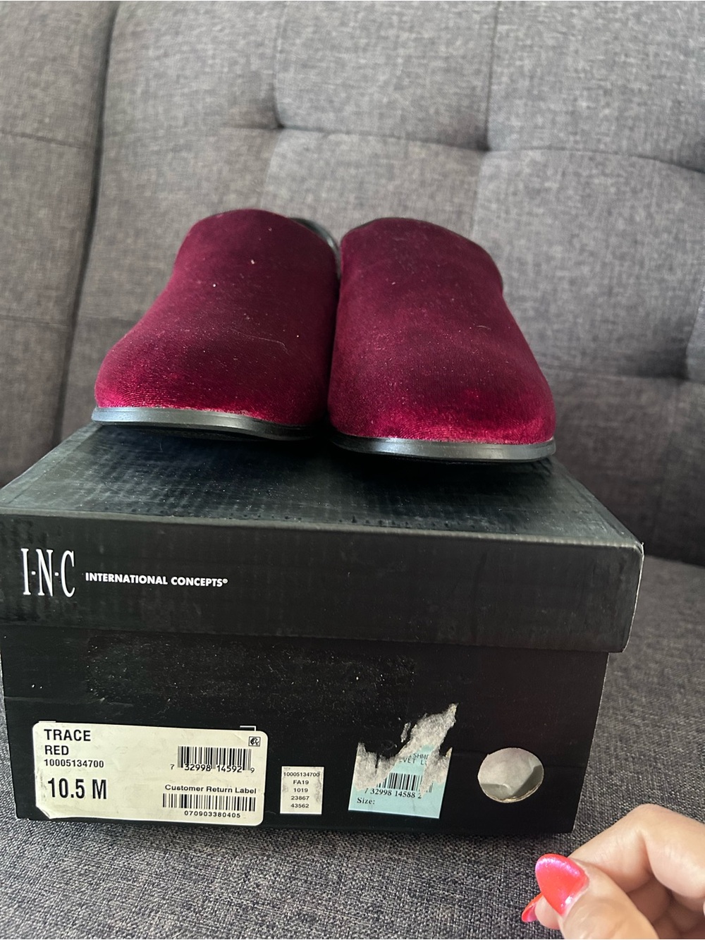 INC International Concepts Burgundy Velvet Slip-On Loafers with Black Trim - Picture 2 of 4